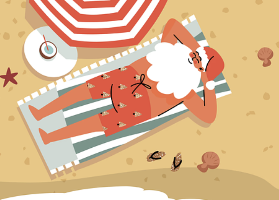 Decorative image, cartoon of Santa Clause anning at the beach